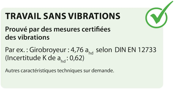 TRAVAIL À FAIBLE VIBRATION Prouvé par des mesures de vibration certifiées Exemple : broyeur à lame rotative : 4,76 ahd selon DIN EN 12733 (incertitude K de ahd : 0,62) TRAVAIL À FAIBLE VIBRATION Prouvé par des mesures de vibration certifiées Exemple : broyeur à lame rotative : 4,76 ahd selon DIN EN 12733 (incertitude K de ahd : 0,62)