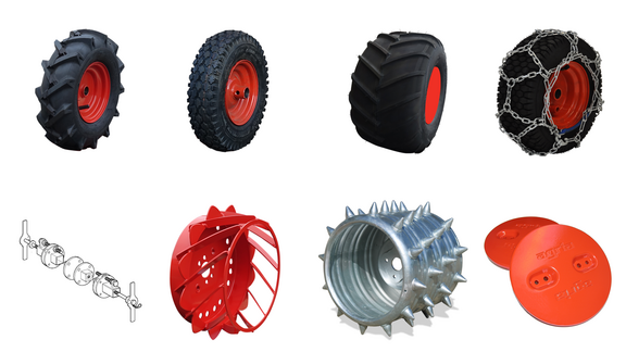 Zubehöre: Bereifungen, Mehrfachbereifung, Flansche, Gitterräder, Stachelwalzen, Schneeketten, Radgewichte Zubehöre: Bereifungen, Mehrfachbereifung, Flansche, Gitterräder, Stachelwalzen, Schneeketten, Radgewichte