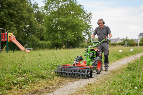 agria 3400 mit Wegepflegegerät auf Spielplatz agria 3400 mit Wegepflegegerät auf Spielplatz